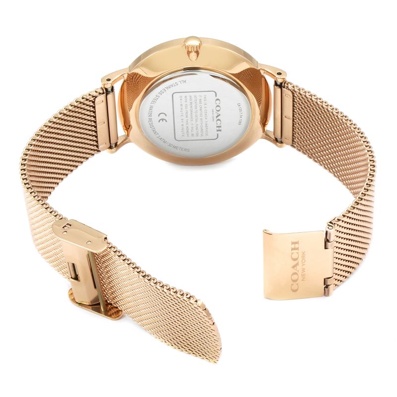 Coach Perry watch caseback showing silver dial backing and mesh bracelet attachment