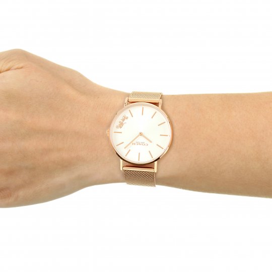 Coach Perry watch worn on wrist showing white dial and rose gold mesh bracelet