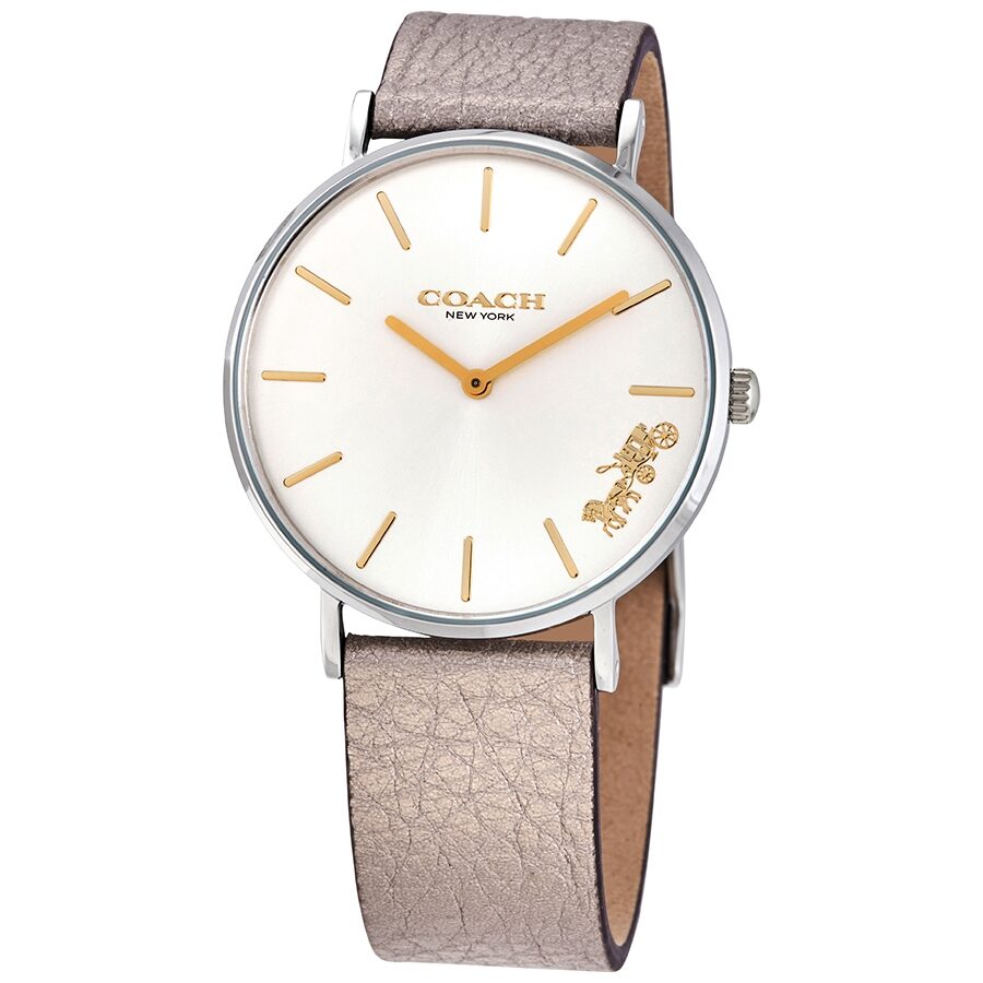 Coach Perry ladies watch angled view showing silver dial with Coach branding and taupe leather strap