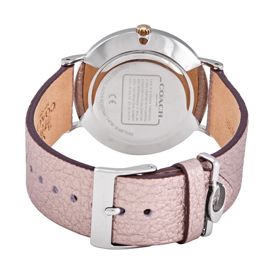 Coach Perry watch caseback showing stainless steel case back with engraved Coach branding and text