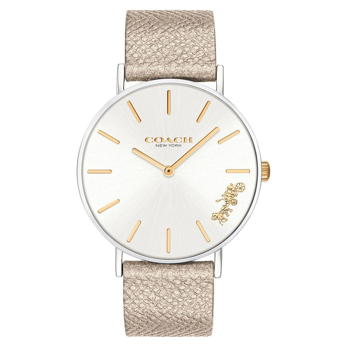Coach Perry quartz ladies watch with silver dial, gold markers and hands, taupe leather strap