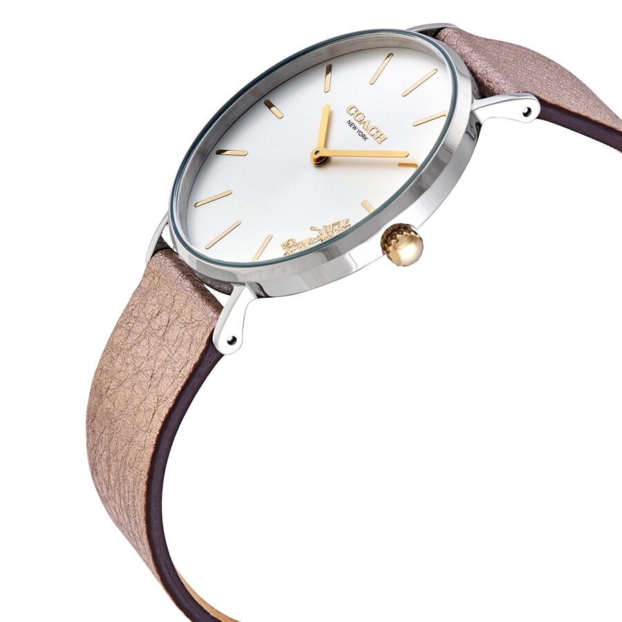 Coach Perry watch side view displaying stainless steel case and taupe textured leather band