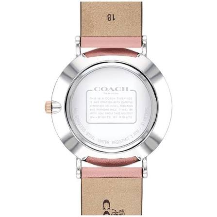 Coach Perry watch caseback displaying stainless steel case back with Coach branding and product information