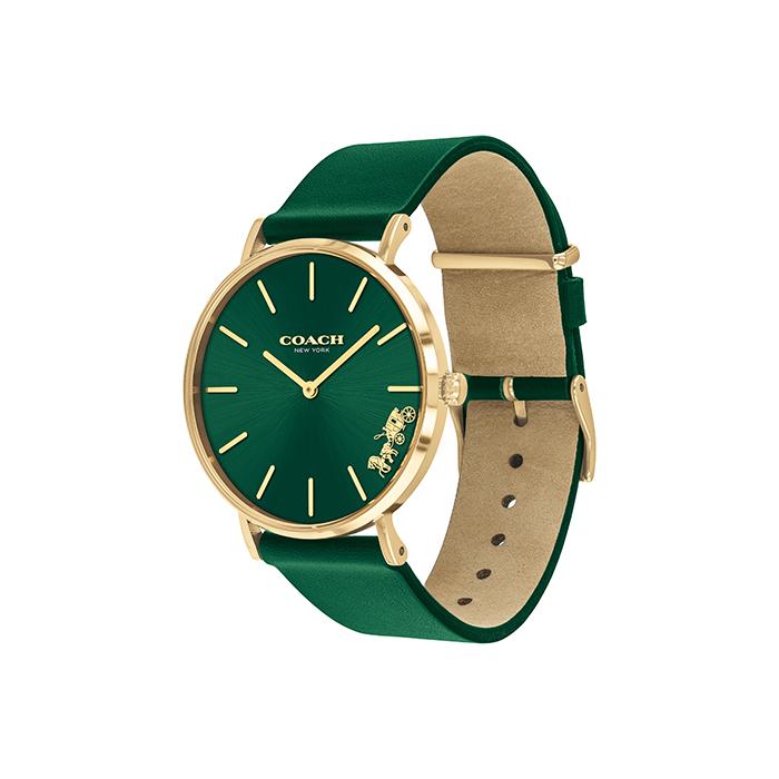 Coach Perry green women's watch angled view showing case and leather strap