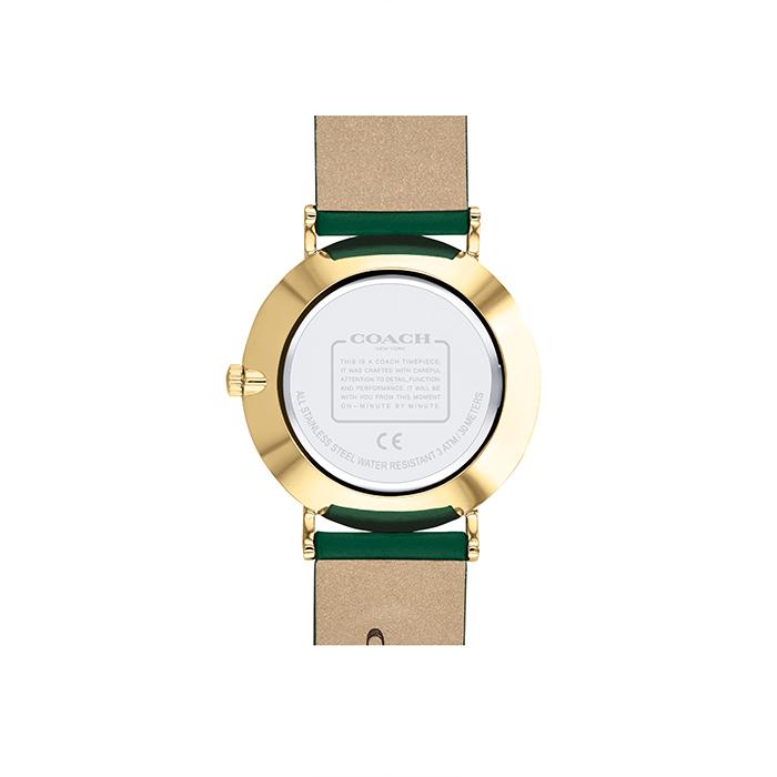 Coach Perry women's watch caseback with gold-tone case back and green leather strap
