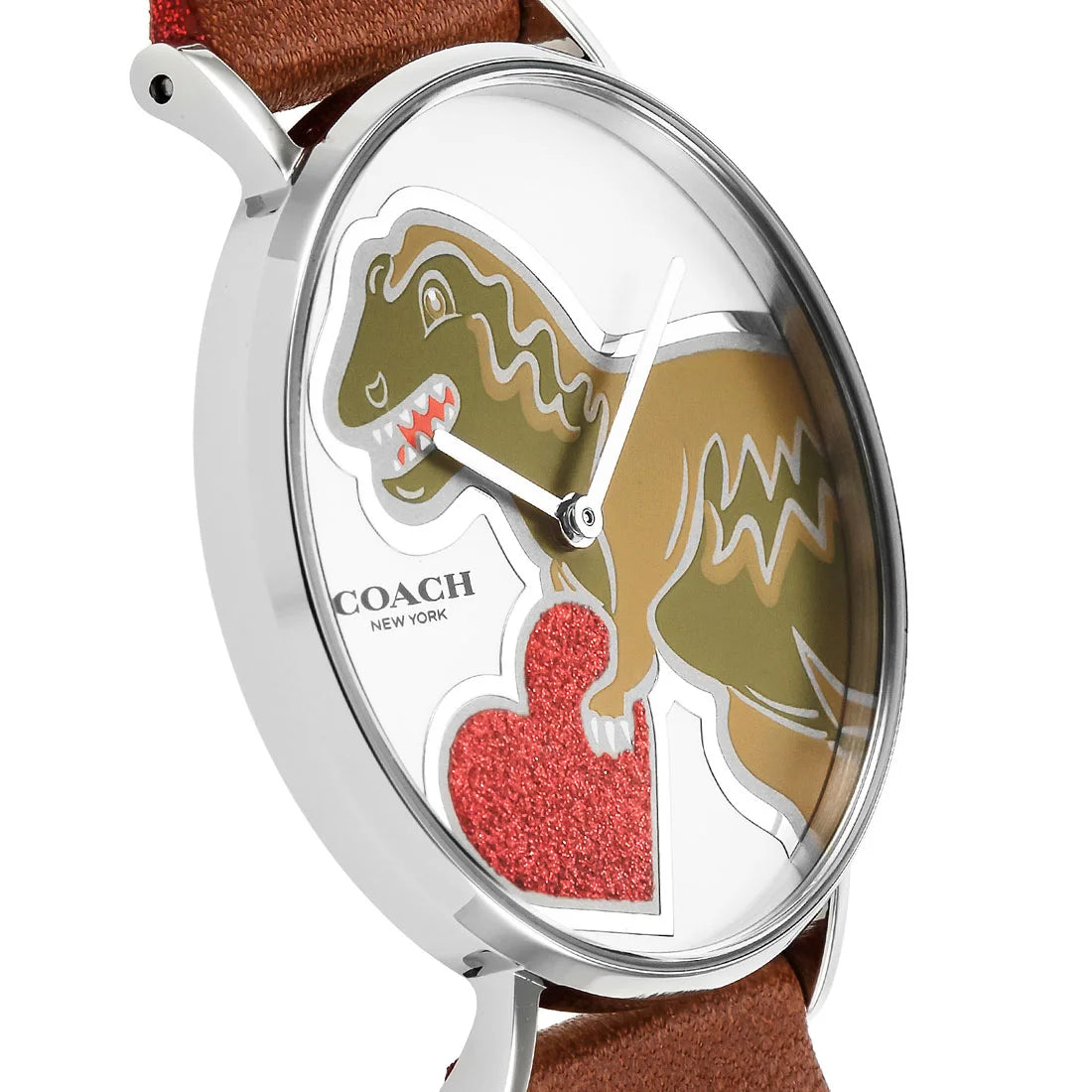 Side angled view of Coach Perry women's watch displaying dachshund and heart dial design