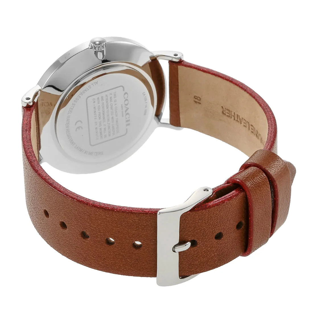 Coach Perry women's watch caseback showing stainless steel case with brown leather strap and buckle