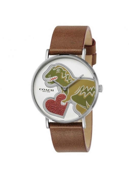 Coach Perry quartz women's watch with dachshund and heart design on white dial, brown leather strap