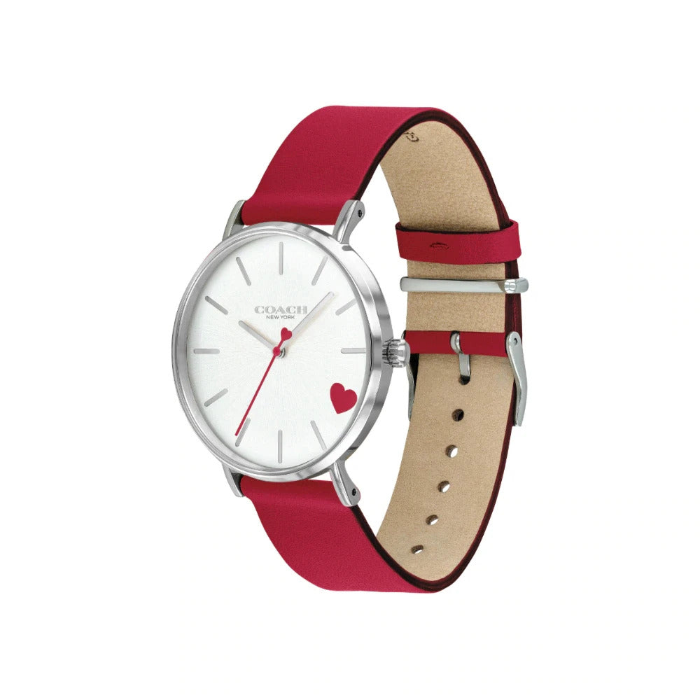 Coach Perry watch side view showing red leather strap with tan interior lining