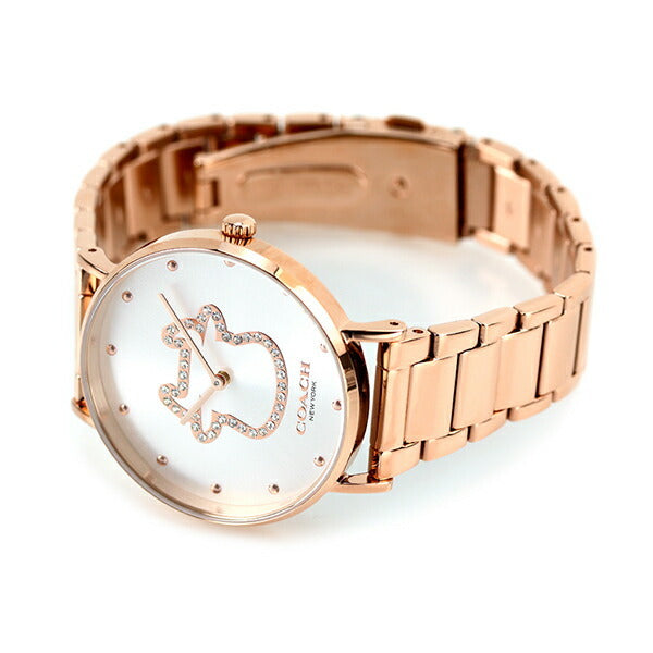 Coach Perry watch angled view showing rose gold bracelet and silver dial