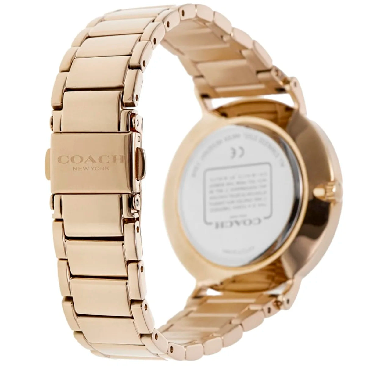 Coach Perry caseback showing rose gold stainless steel case and information plate