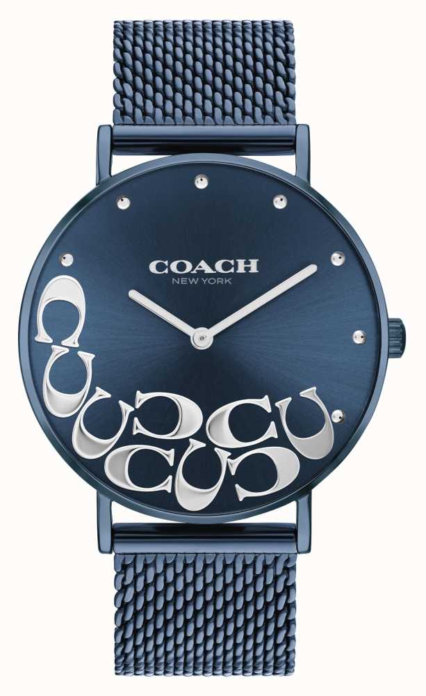 Coach Perry women's watch with navy dial, white hands, and blue mesh strap
