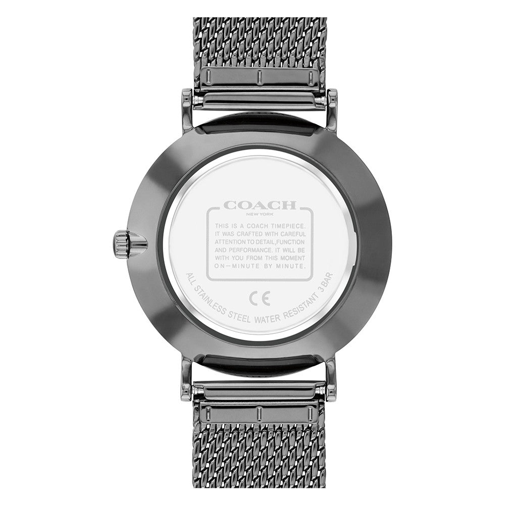 Coach Perry watch caseback showing stainless steel construction and water resistance details
