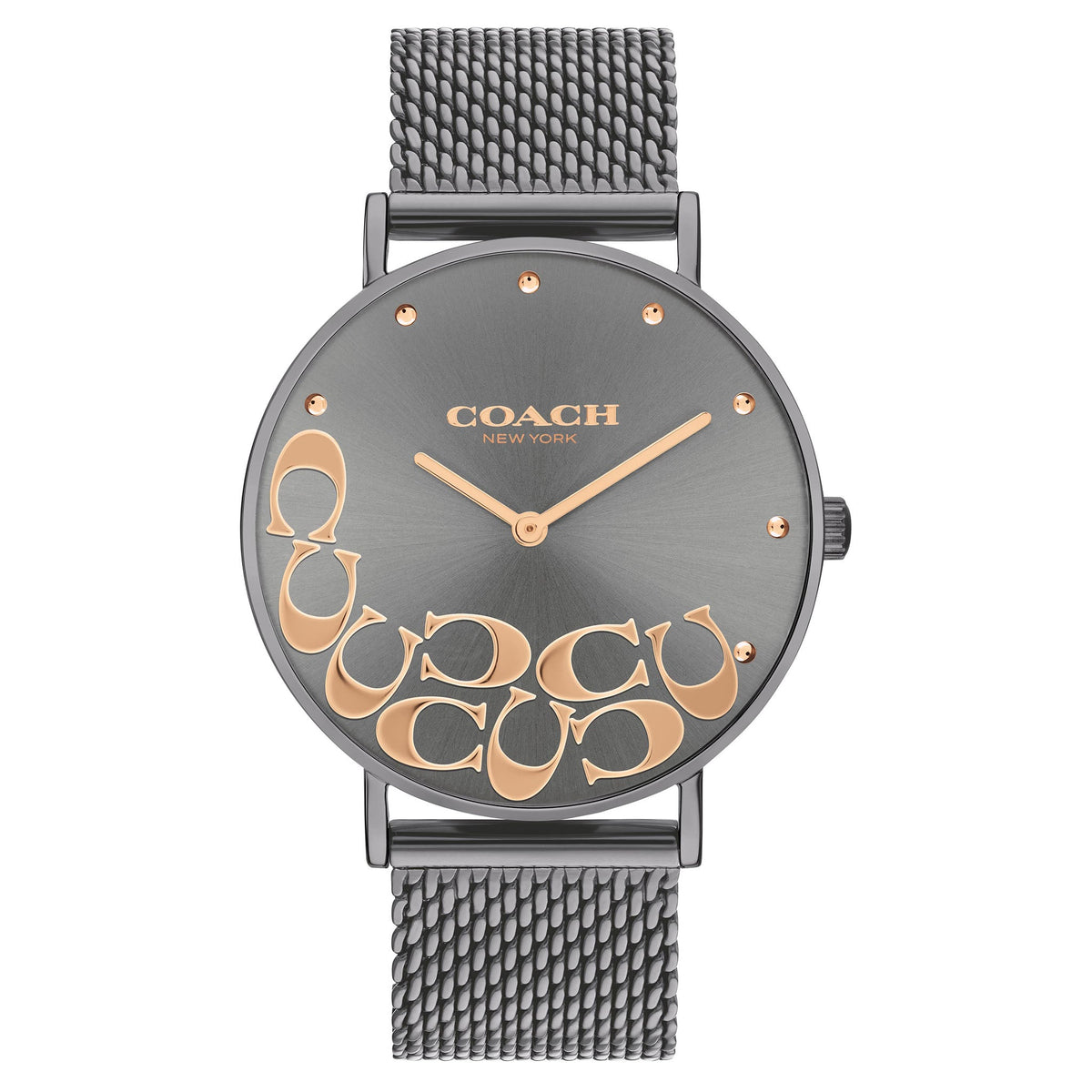 Coach Perry women's watch with grey dial, gold logo pattern, and grey mesh strap