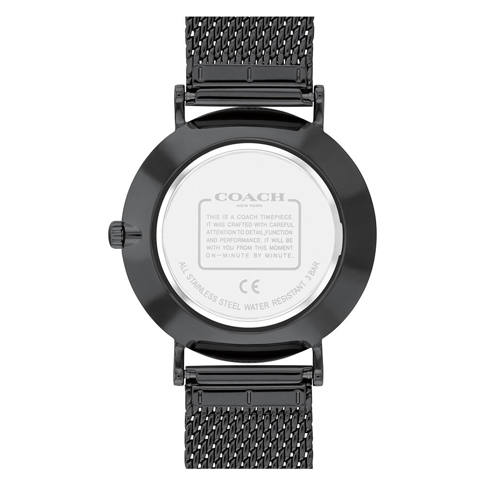 Coach Perry watch caseback showing stainless steel water resistance details and engraved branding