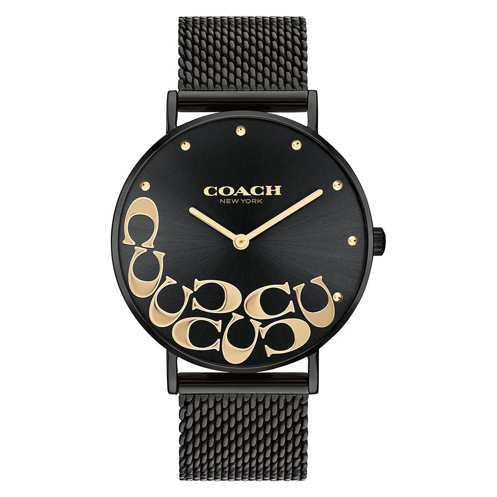 Coach Perry women's watch with black dial, gold C-pattern, and black mesh strap