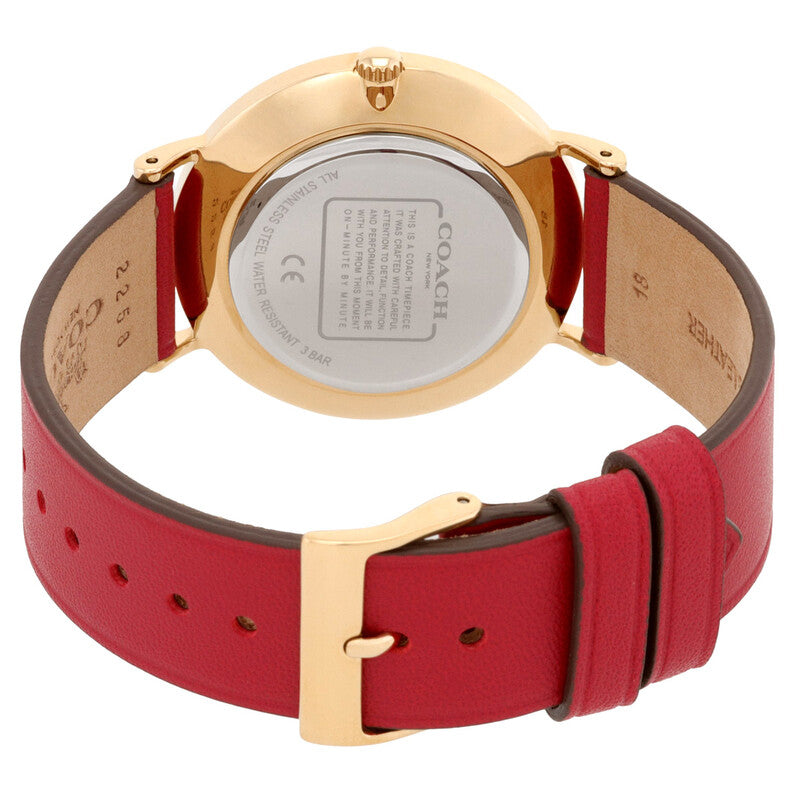 Coach Perry watch caseback showing engraved case details and red leather strap with buckle