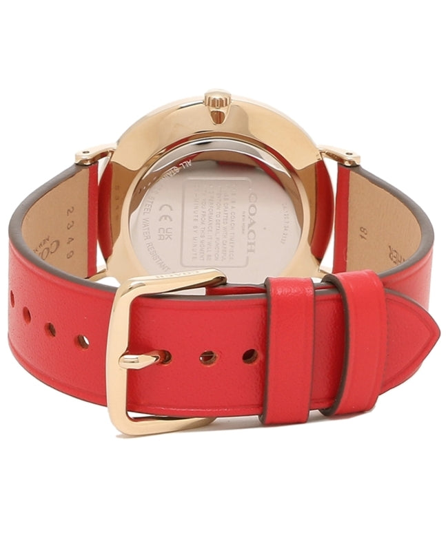 Coach Perry watch caseback with engraved text and red leather strap