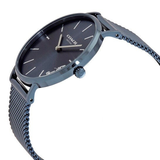 COACH Perry watch side angle showing blue mesh strap and thin case profile