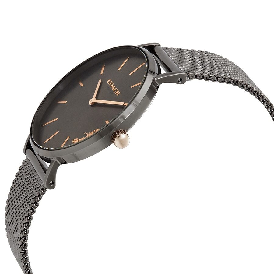Coach Perry watch at angle showing gunmetal case and mesh strap with dark grey dial