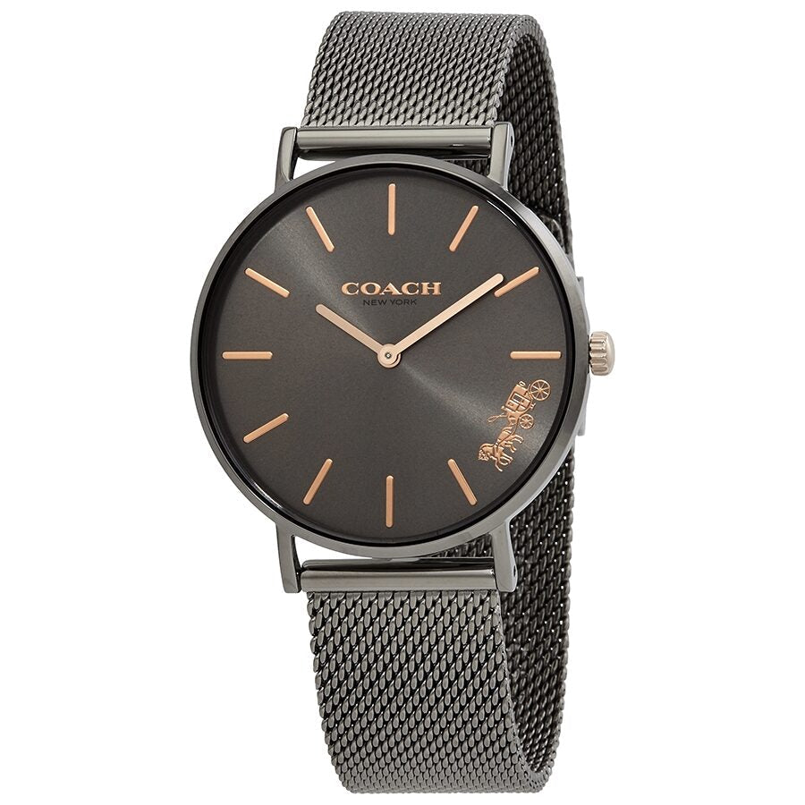 Coach Perry quartz watch with dark grey dial, rose gold markers, and gunmetal mesh strap