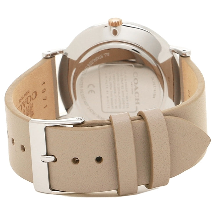 Coach Perry watch case back and taupe leather strap with buckle closure