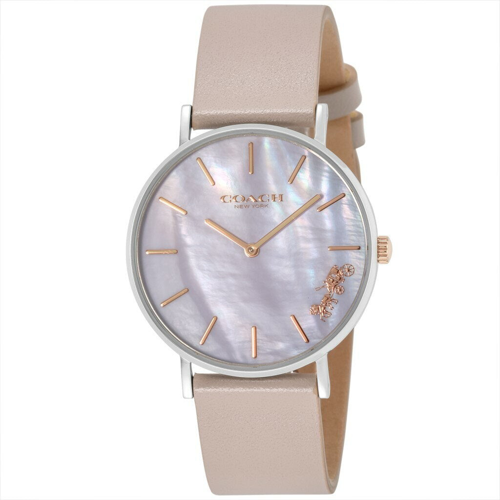 Coach Perry ladies watch with lilac mother of pearl dial and taupe leather strap
