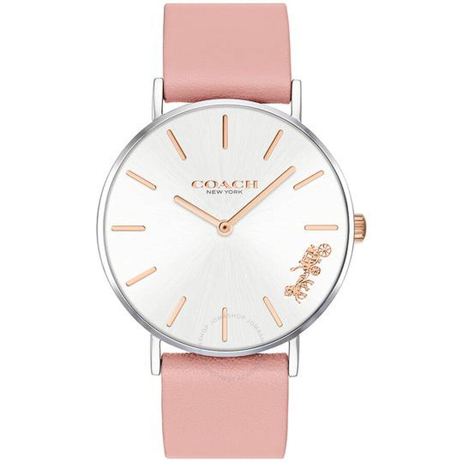 Coach Perry quartz watch with silver dial, rose gold hour markers and hands, pink leather strap