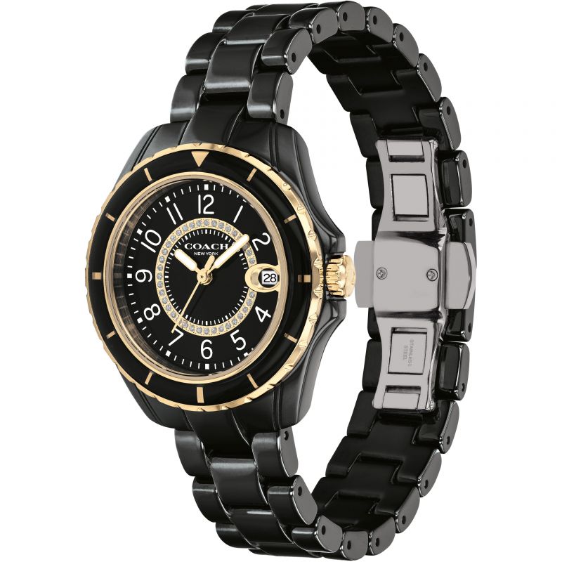 Coach Preston ladies watch shown from angled side view with black ceramic bracelet