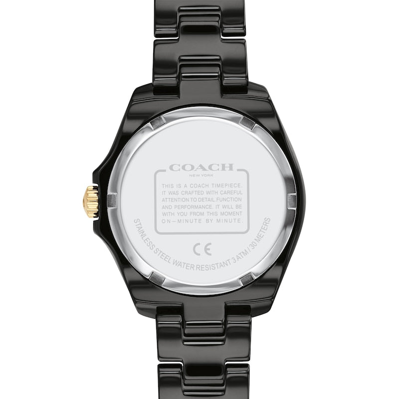 Coach Preston watch caseback showing engraved text and water resistance marking