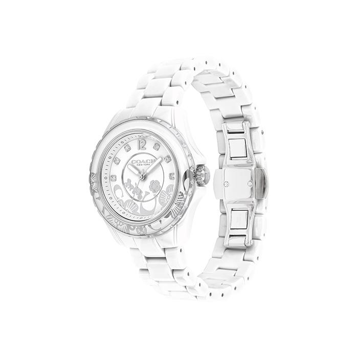 Coach Preston white ceramic watch angled view showing full bracelet and dial