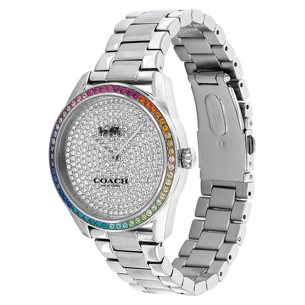Coach Preston watch at three-quarter angle showing silver steel bracelet and rainbow bezel details