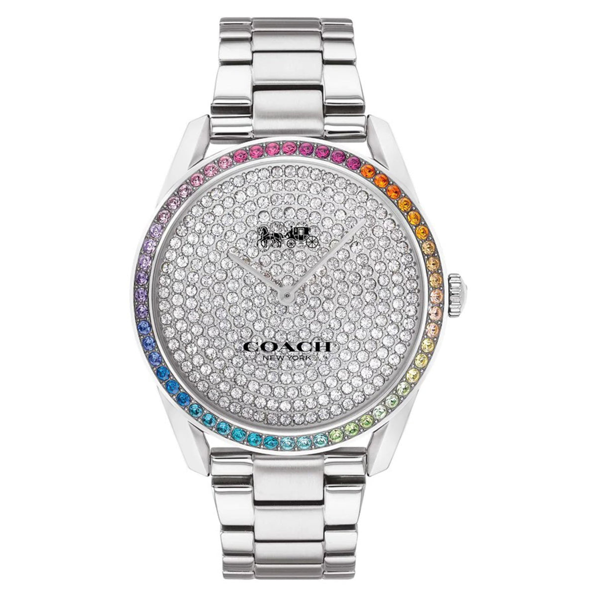 Coach Preston women's watch with crystal-set silver dial and rainbow-colored crystal bezel