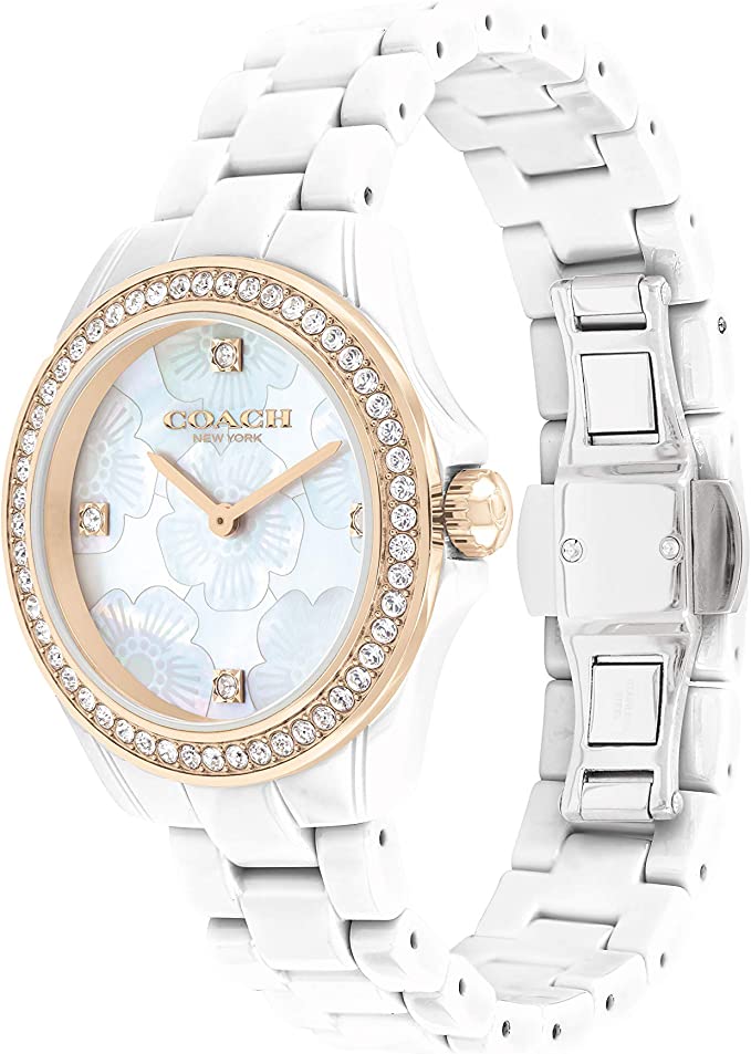 Coach Preston ceramic watch shown at angle with full bracelet visible
