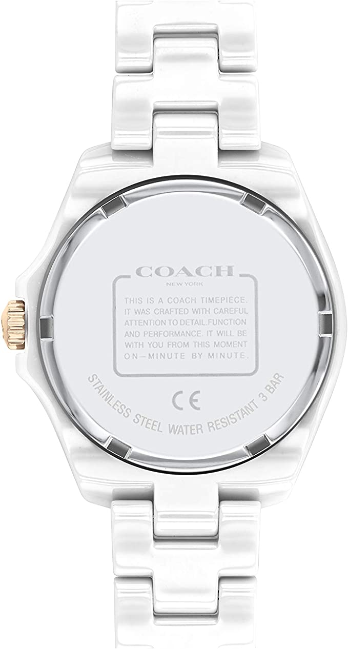 Coach Preston watch caseback showing ceramic stainless steel water-resistant case