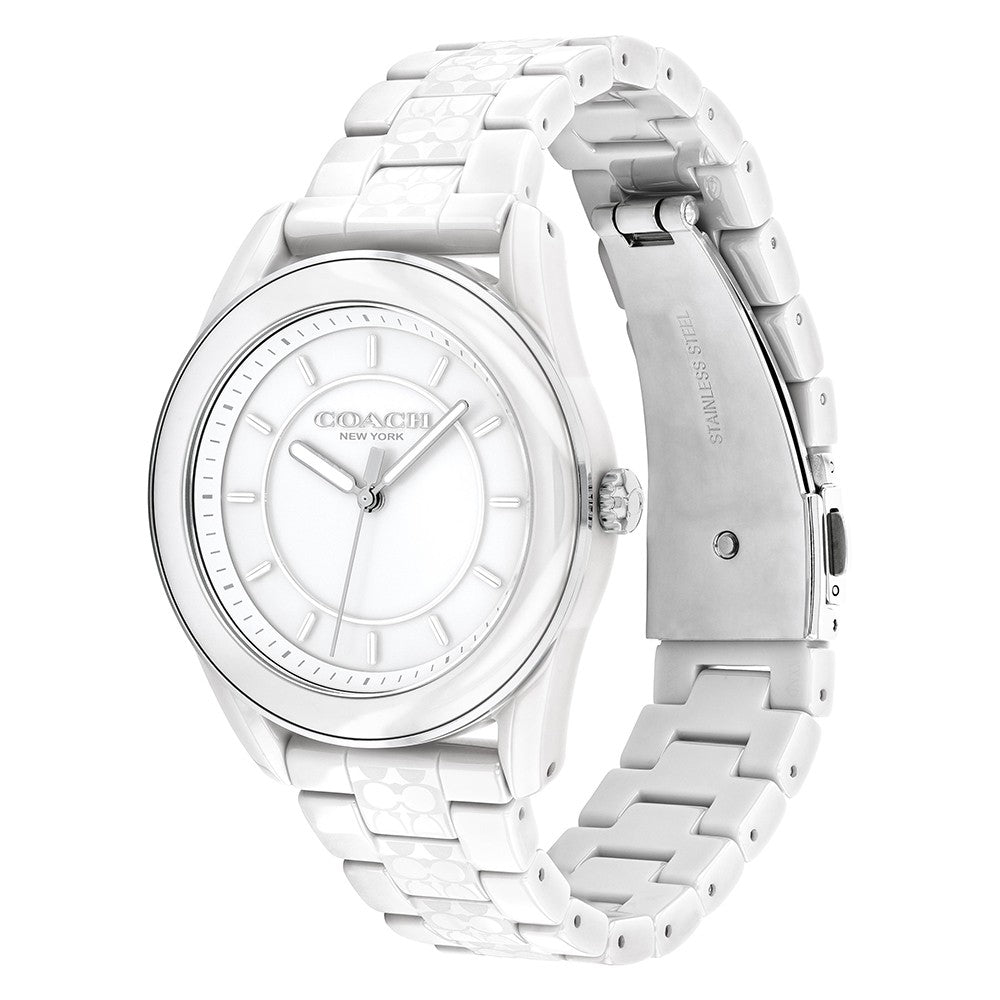 Coach Preston white ceramic bracelet watch shown from angle with strap detail visible