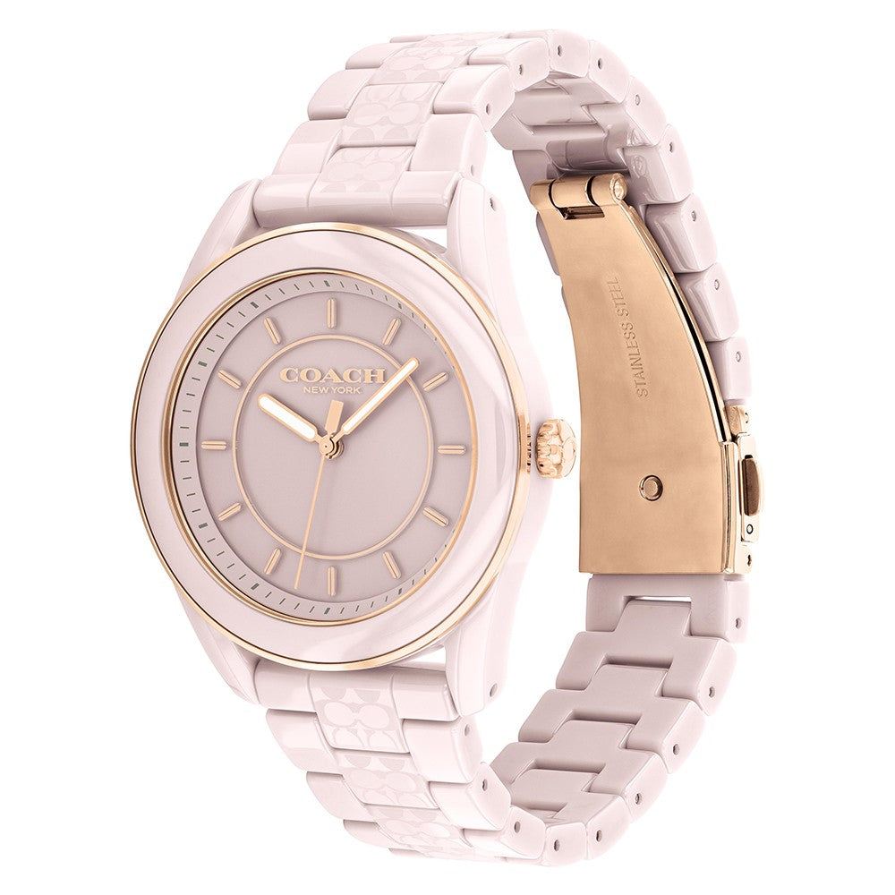 Coach Preston blush ceramic watch shown at angle with rose gold buckle and ceramic bracelet