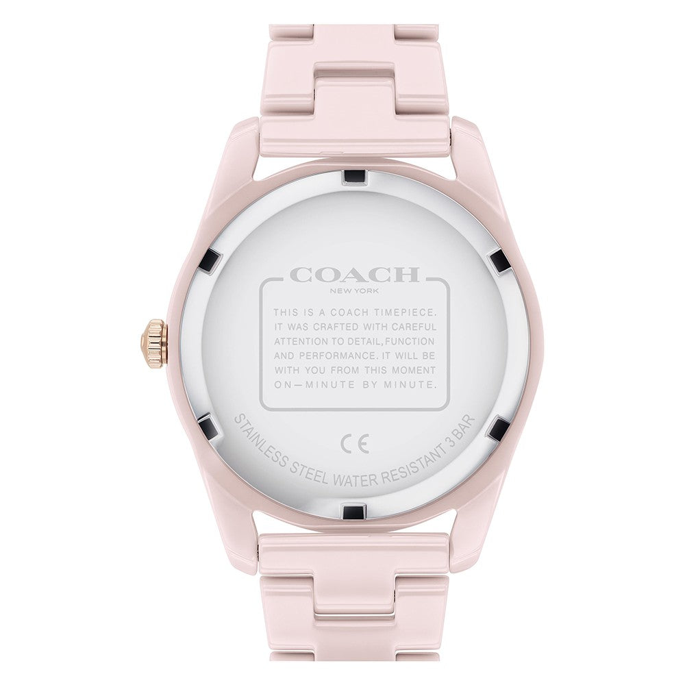 Coach Preston watch caseback showing stainless steel water resistant case with coach branding