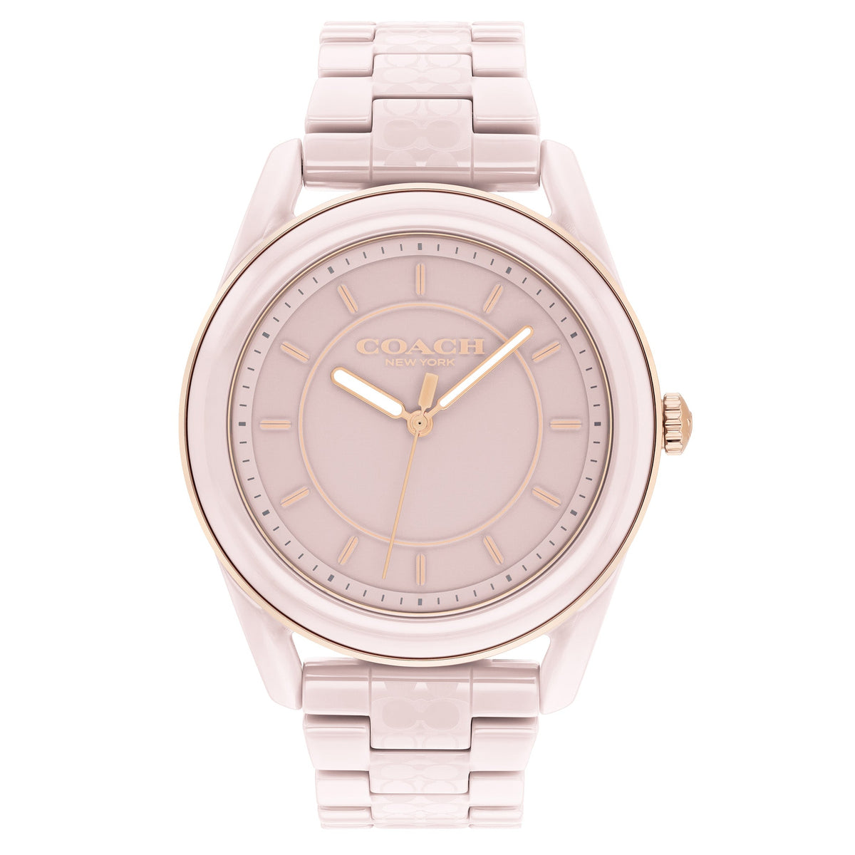 Coach Preston blush ceramic women's watch with rose gold hands and hour markers