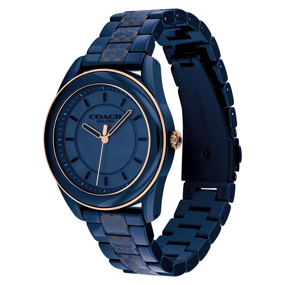 Coach Preston women's watch displayed at an angle showing navy ceramic case and bracelet