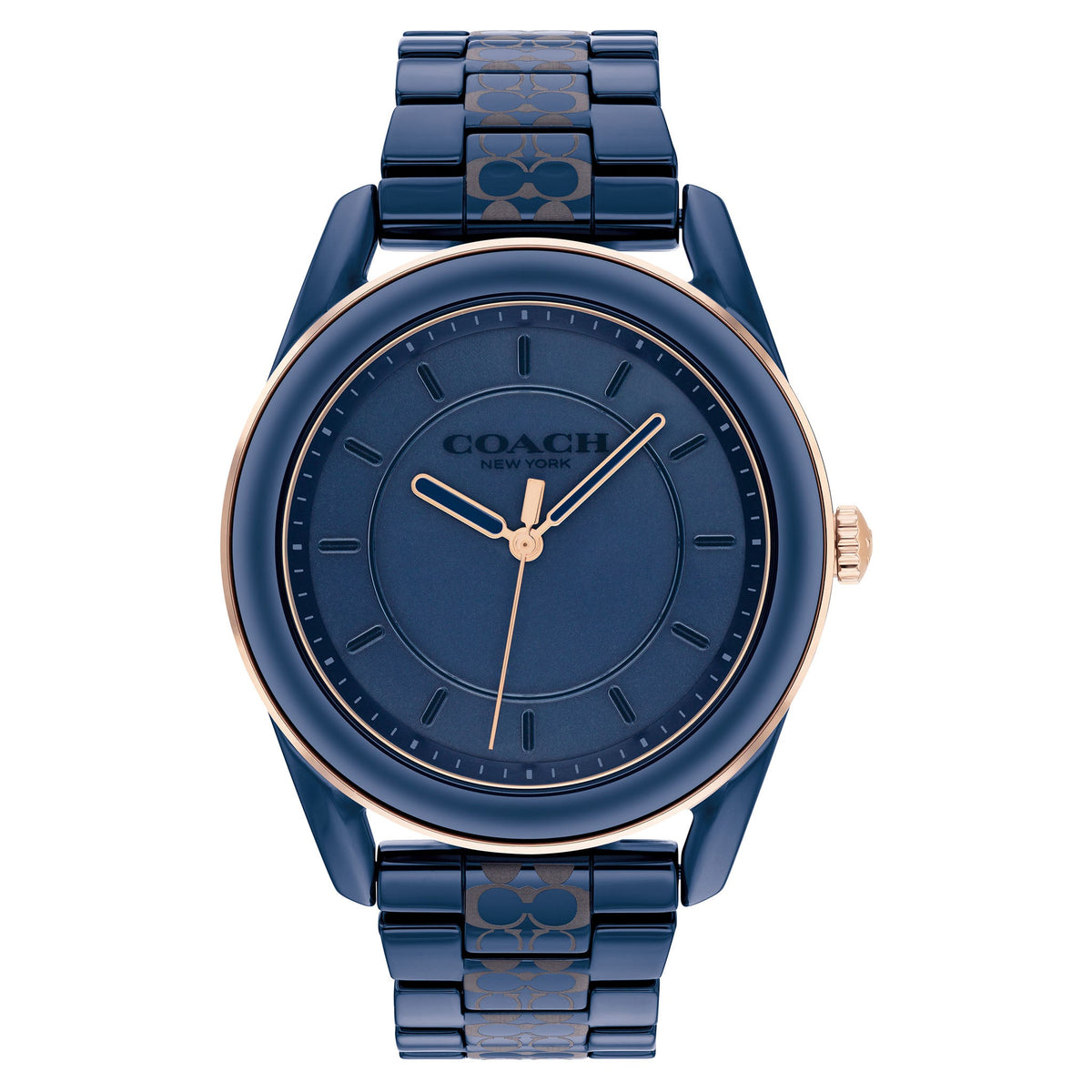 Coach Preston navy ceramic women's watch with blue dial and rose gold accents