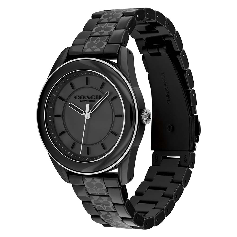 Coach Preston black ceramic watch at angle showing side profile of case and bracelet