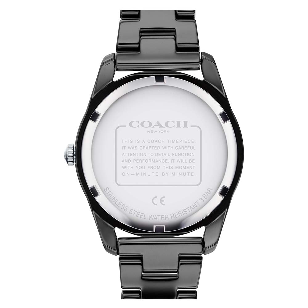 Coach Preston watch caseback displaying serial information and water resistance rating