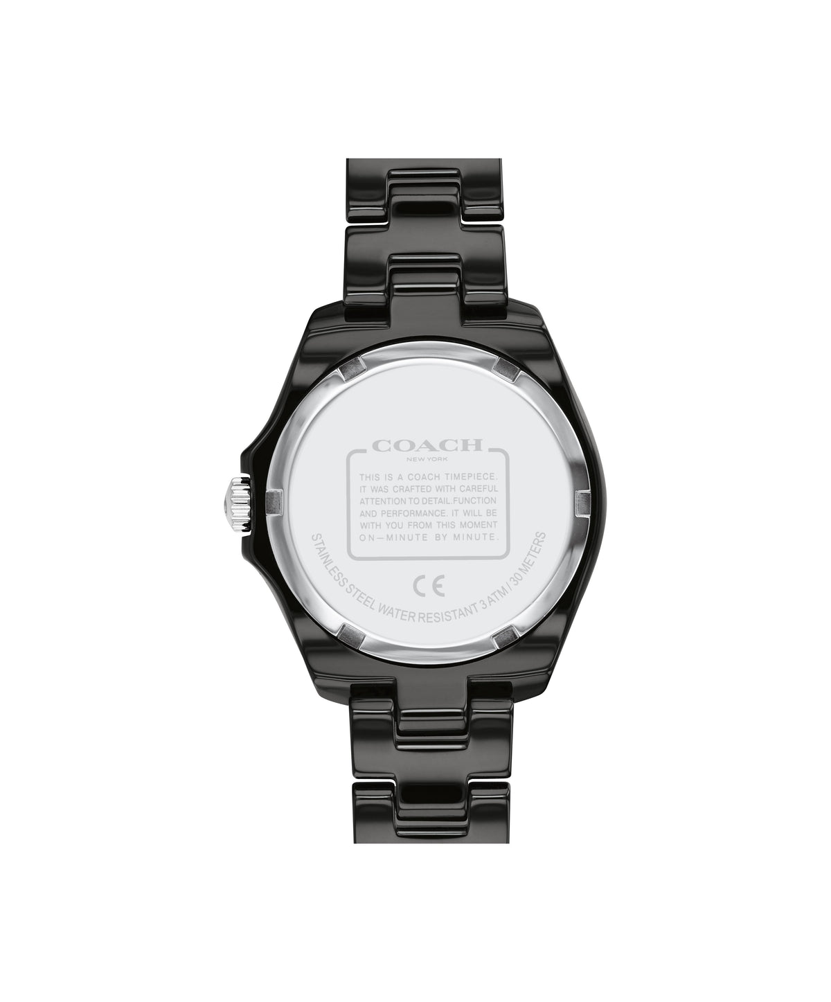 Coach Preston watch caseback with engraved Coach logo and specifications