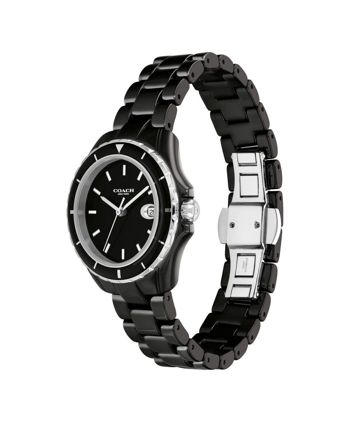 Coach Preston ladies watch side profile showing black steel bracelet with silver clasp