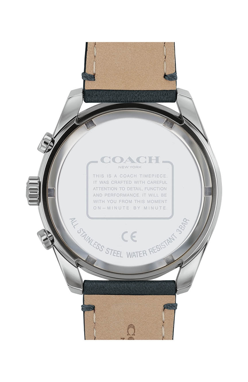 Coach Preston watch case back showing stainless steel construction and water resistance marking