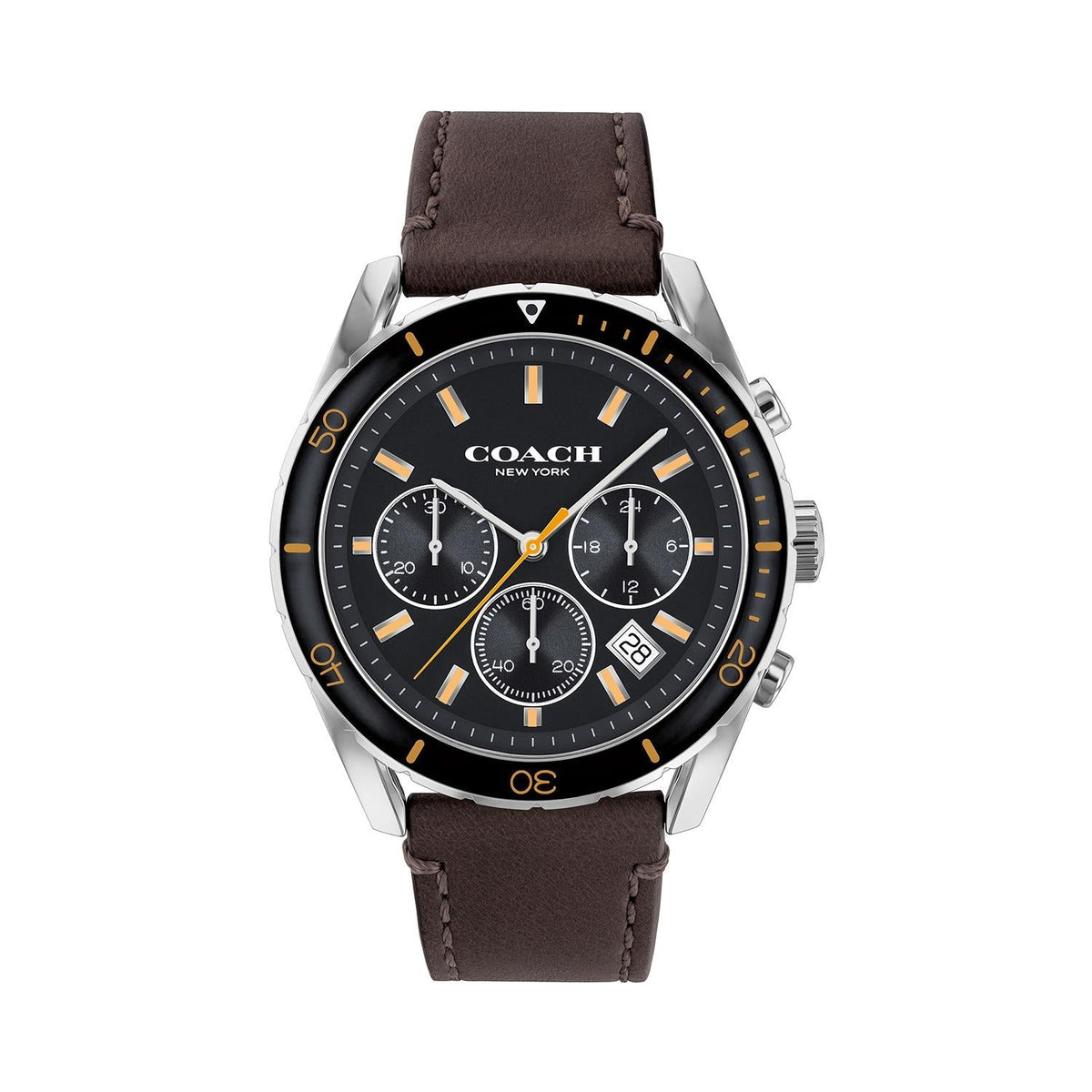 Coach Preston men's chronograph watch with black dial, brown leather strap and silver case