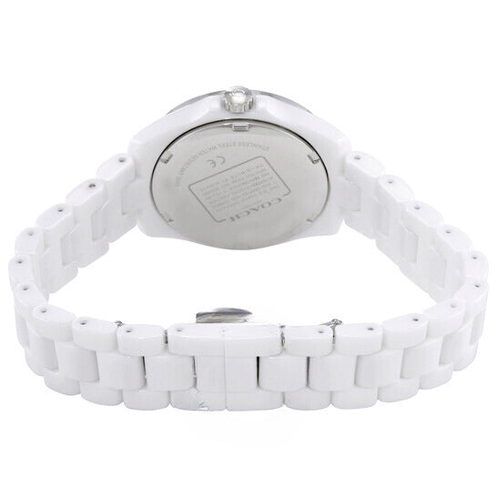 Coach Preston watch caseback showing white ceramic bracelet and clasp detail