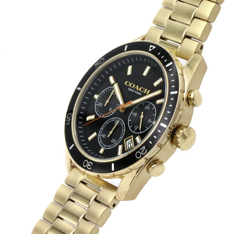 Side angle view of Coach Preston gold watch showing chronograph subdials and gold metal bracelet