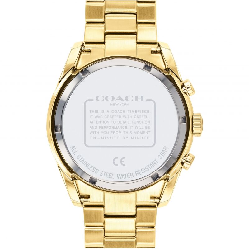 Coach Preston watch caseback showing engraved Coach branding and stainless steel water resistance details